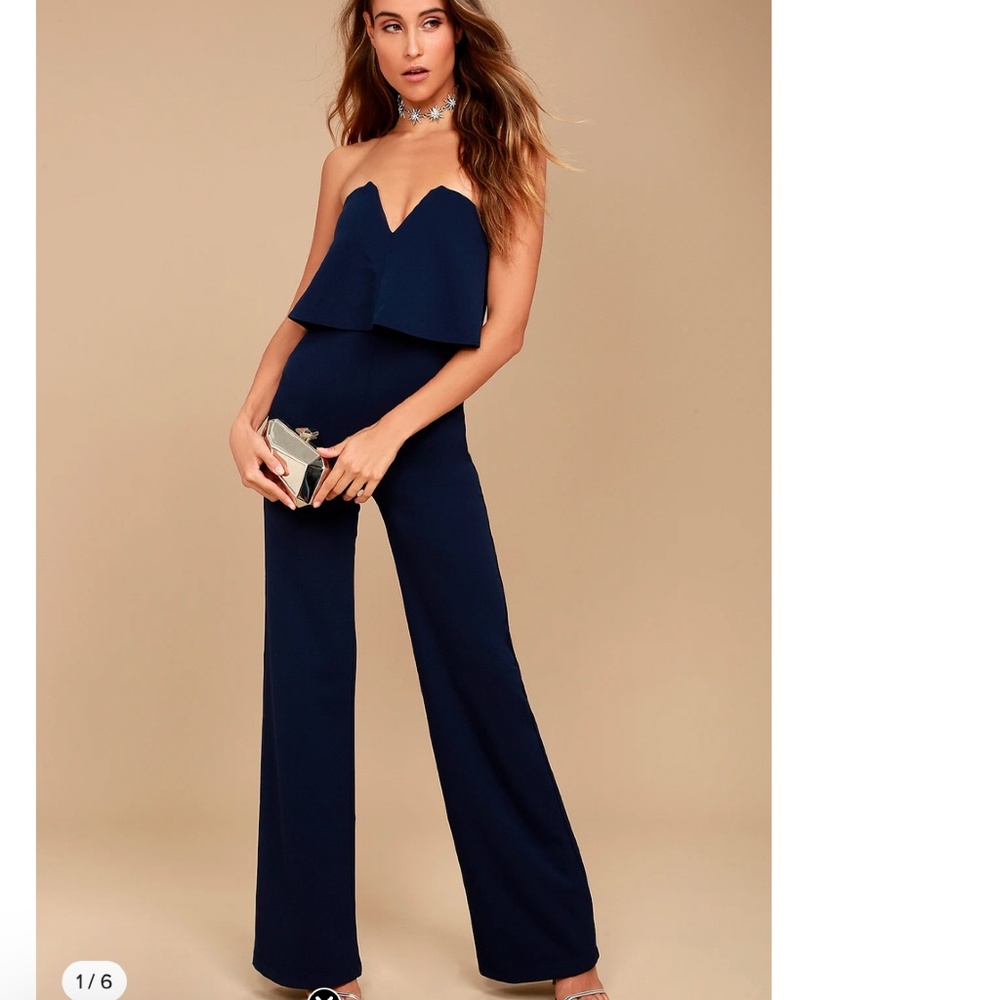 Lulu's Navy Strapless Wide-Leg Jumpsuit